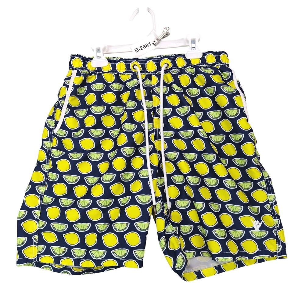 Beach Bros Blue Lemon Lime Swim Trunks Mens S Mesh Lined Surfer Tropical Beach